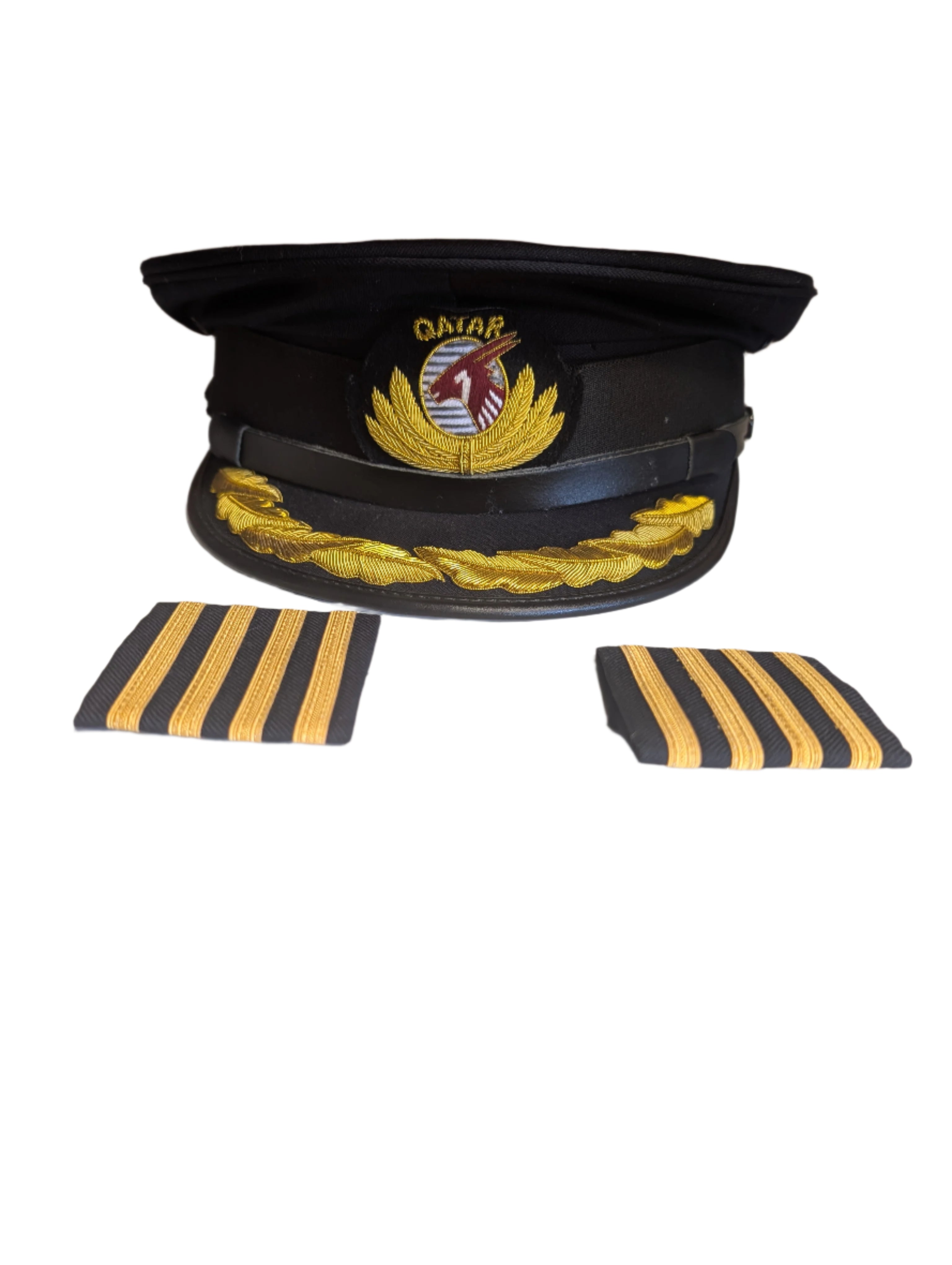 60cm QATAR Airways Captain Cap with Badge with Oakleaf Detail to Peak Pilot Plus Captain Shoulder Epaulettes