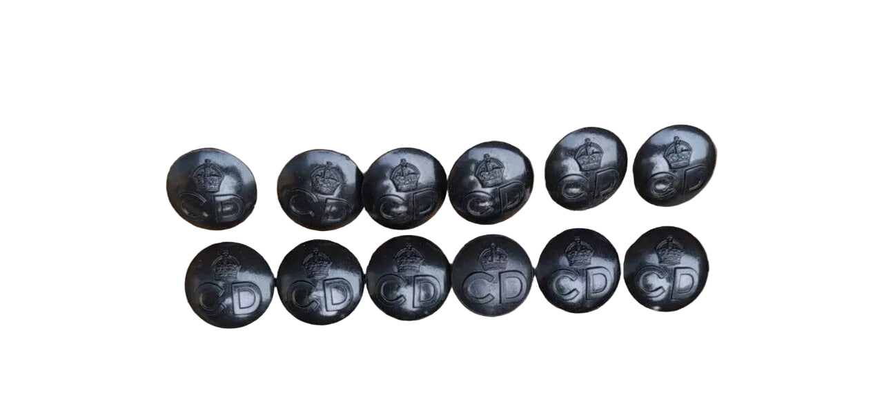 12 X WW2 Wartime Black Bakelite Civil Defence 1" 25mm CD Buttons Kings Crown. George VI GVIR 6th
