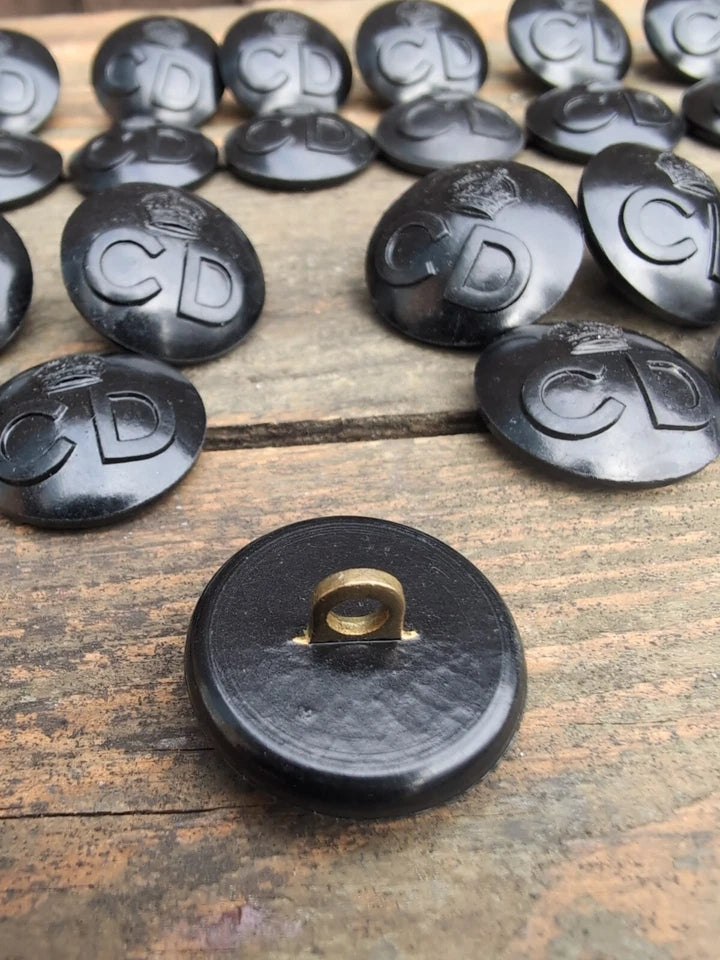 12 X WW2 Wartime Black Bakelite Civil Defence 1" 25mm CD Buttons Kings Crown. George VI GVIR 6th