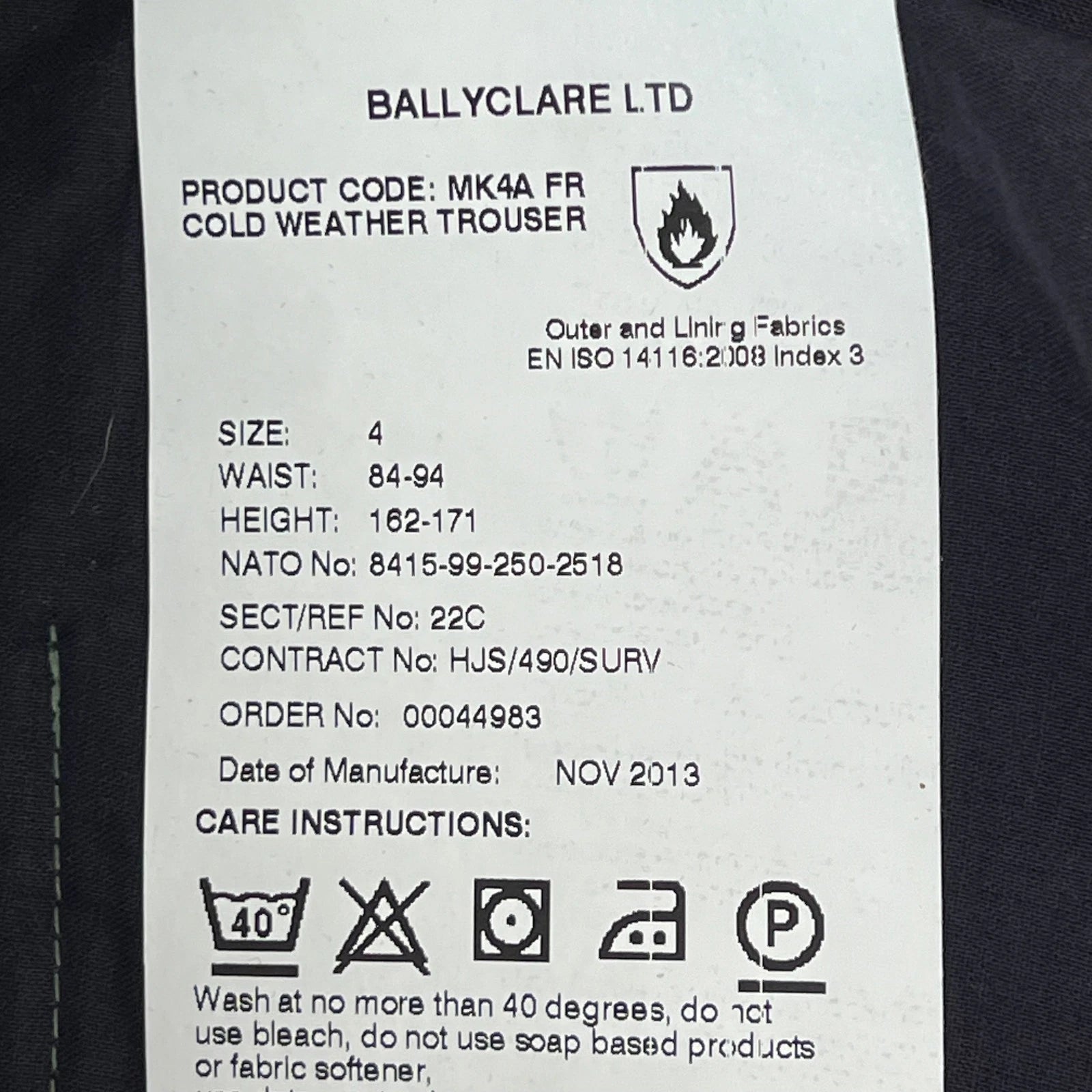 washing label of Ballyclare Mk4A Aircrew FR Cold Weather Trousers | RAF