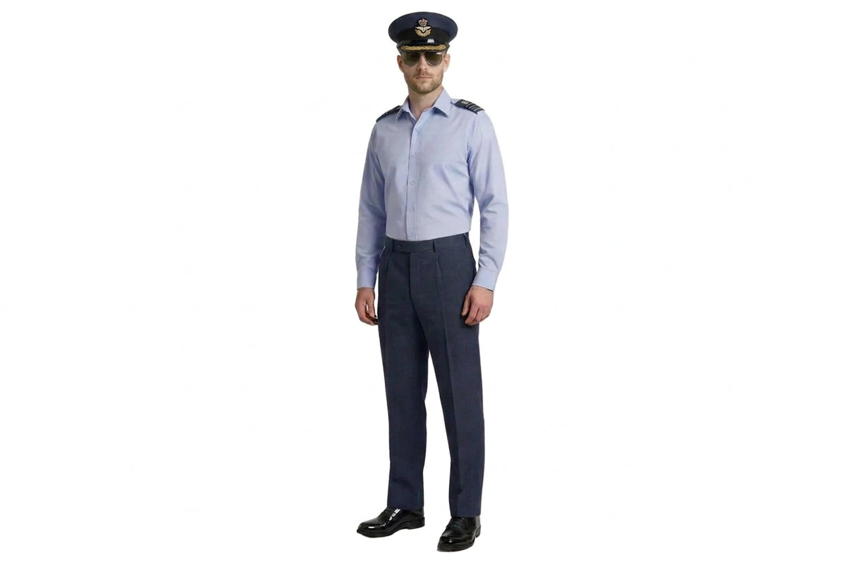 RAF officers No1 Uniform Wedgwood Blue Long Sleeve Shirt on man with sunglasses wearing an RAF Officers Cap. shirt has n chest pockets