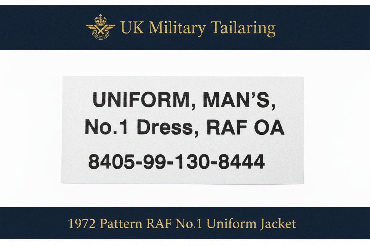Textile label on a uniform with text and numbers