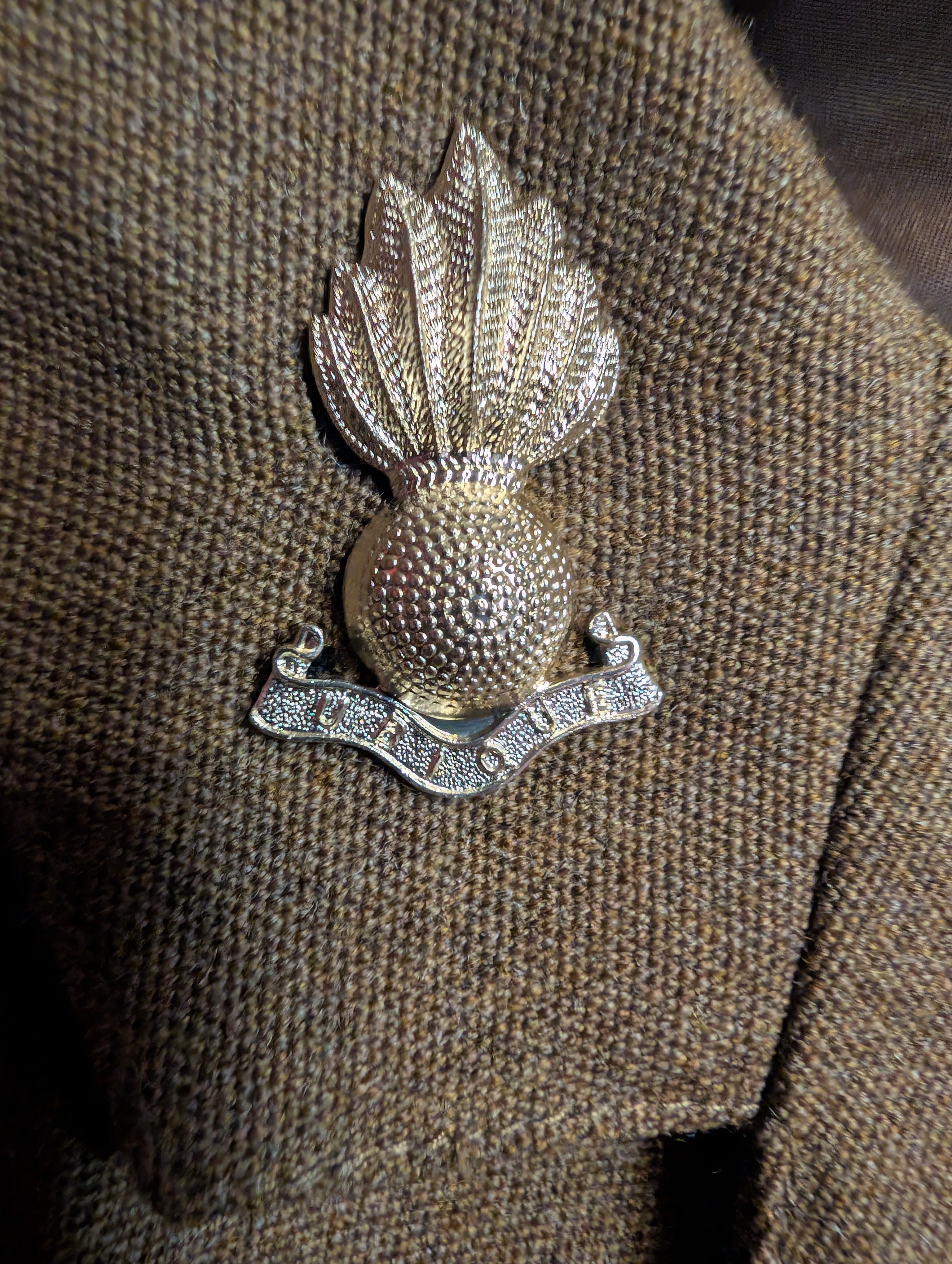 Close up photo of Royal Artillery Collar Badge / Dogs, Exploding Bomb
