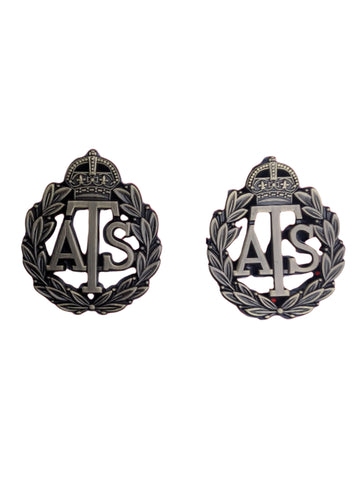 1 Pair WW2 ATS Auxiliary Territorial Service Officers Bronze colour metal Collar Badges Reproduction Pin & Clutch fixings