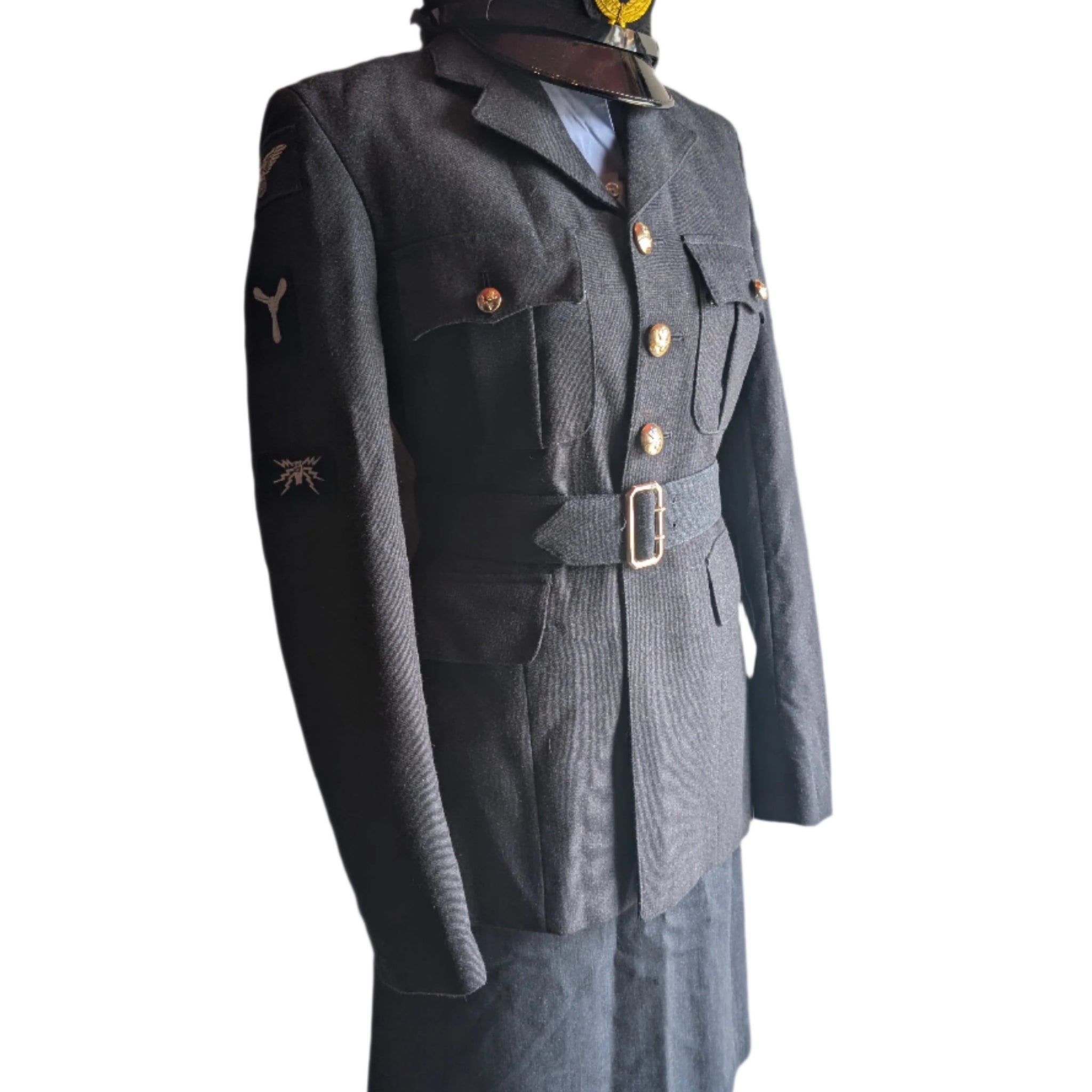 Woman's WW2 Style WAAF No1 Service dress uniform Jacket with belt & No2 SD RAF skirt & NCO Cap with Kings crown officers cap badge