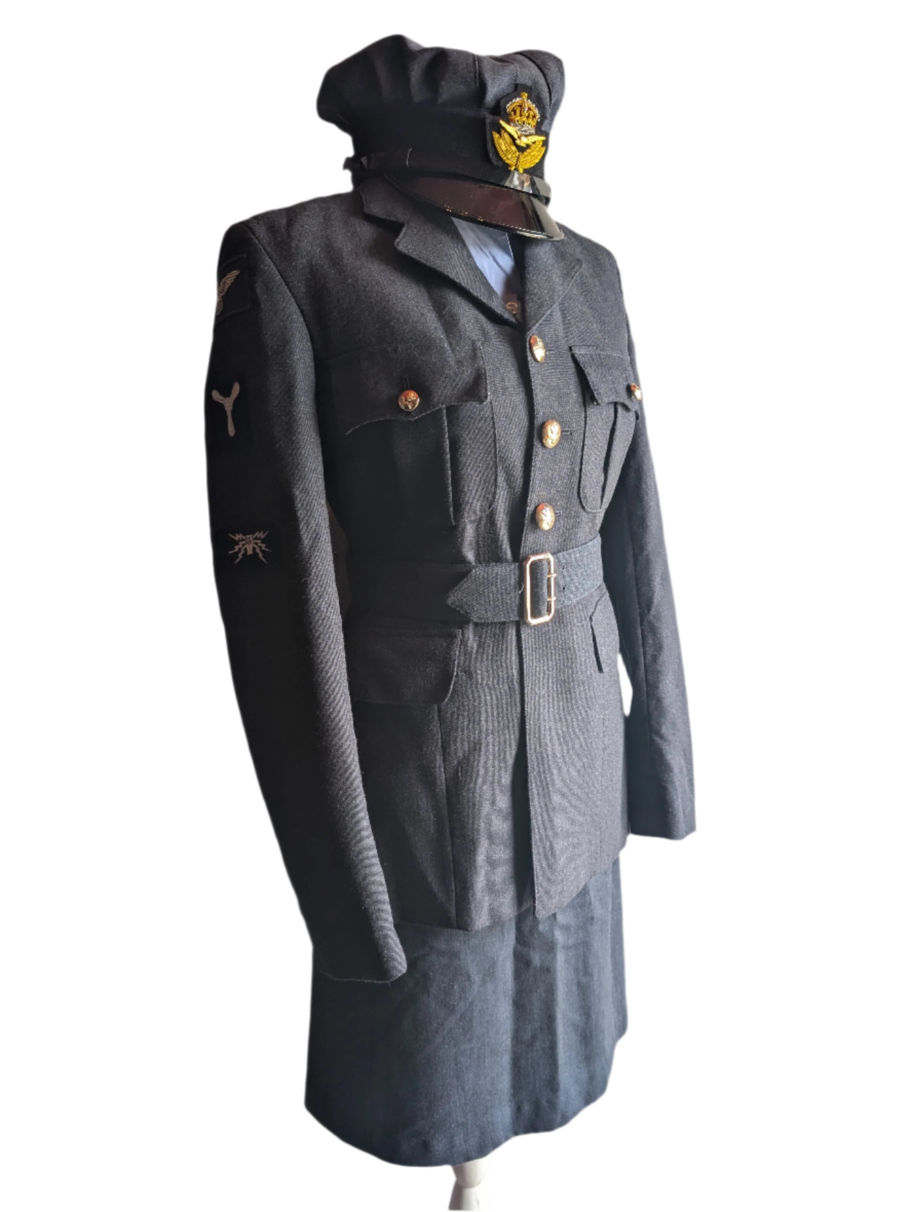 Woman's WW2 Style WAAF No1 Service dress uniform Jacket with belt & No2 SD RAF skirt & NCO Cap with Kings crown officers cap badge