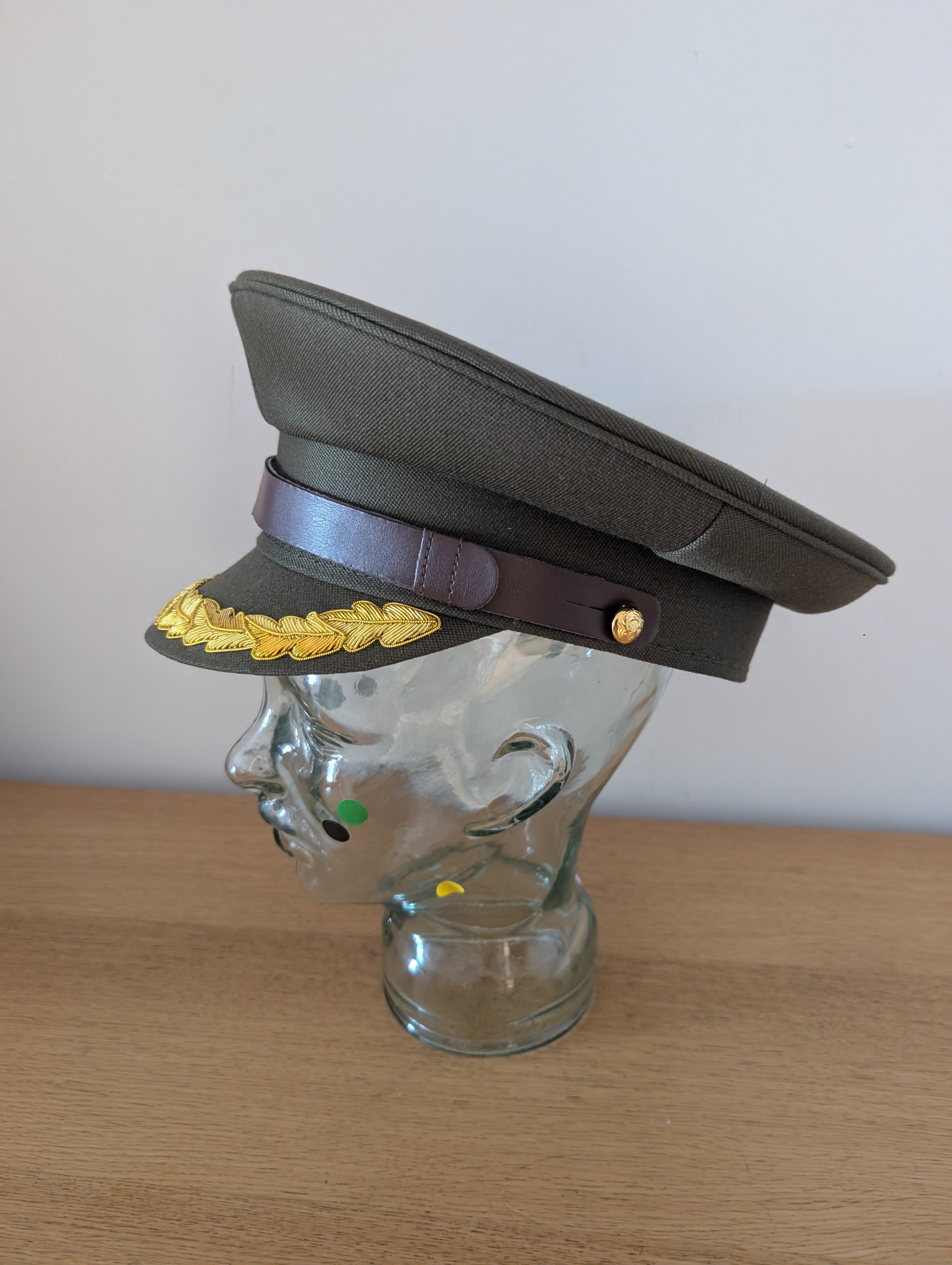 Olive Green Officers Service Cap | Gold Oakleaf Peak | Reproduction