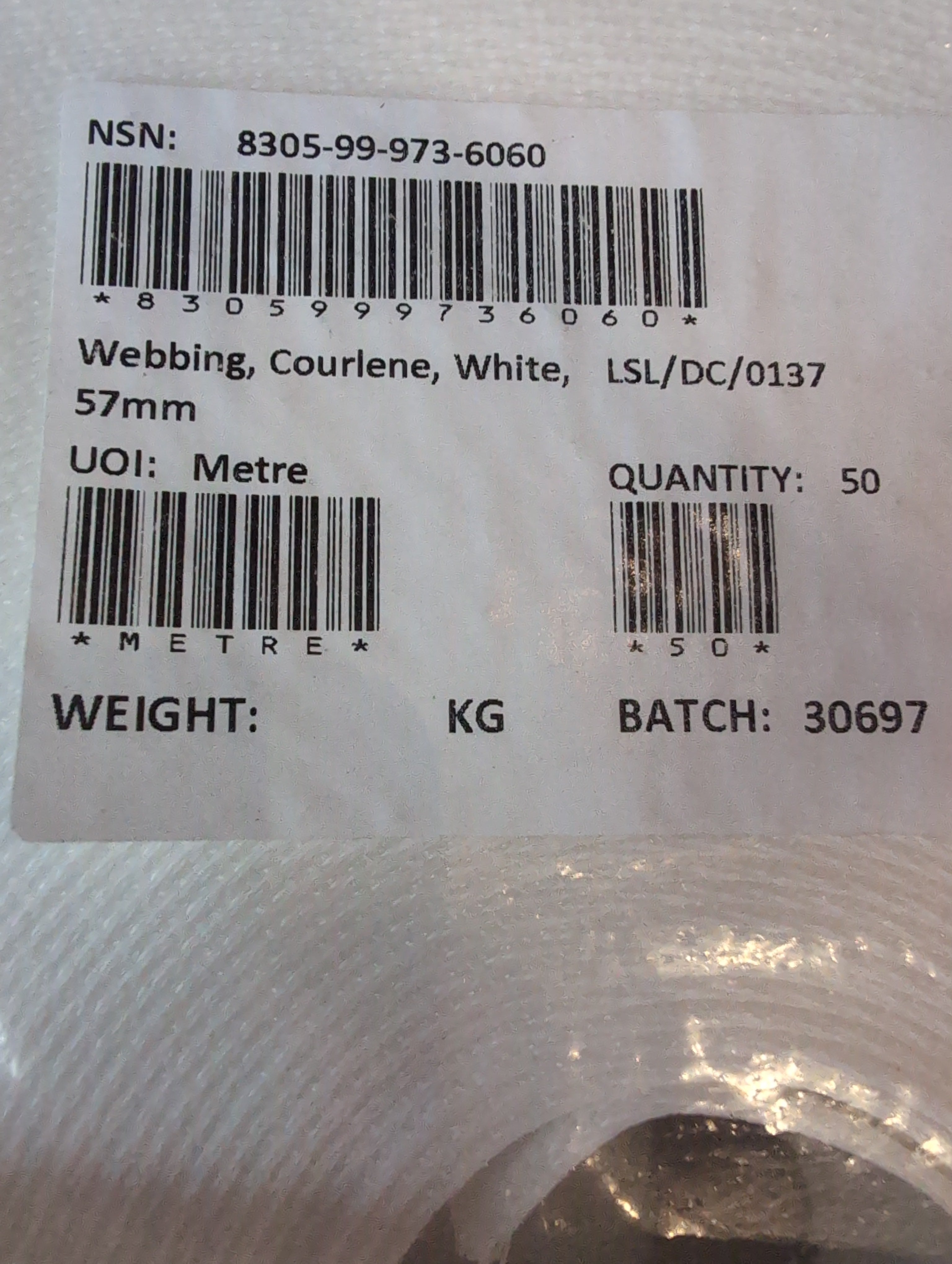 57mm White Courlene Military Webbing | British Army RAF NAVY NSN NATO LABEL