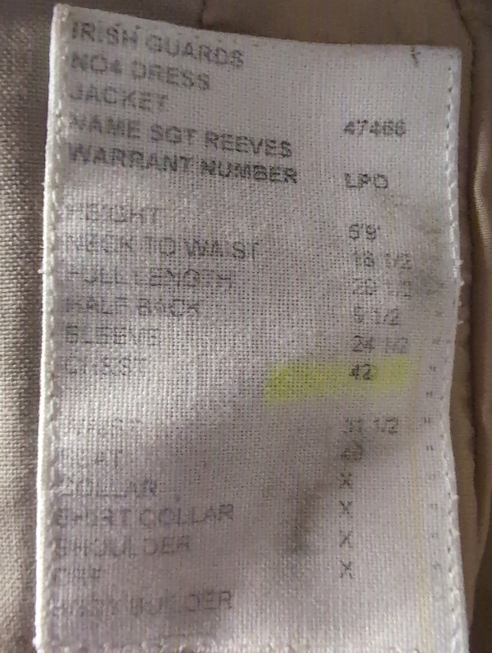 label of Irish Guards No.4 Service Dress Tropical Uniform Jacket | GDSM