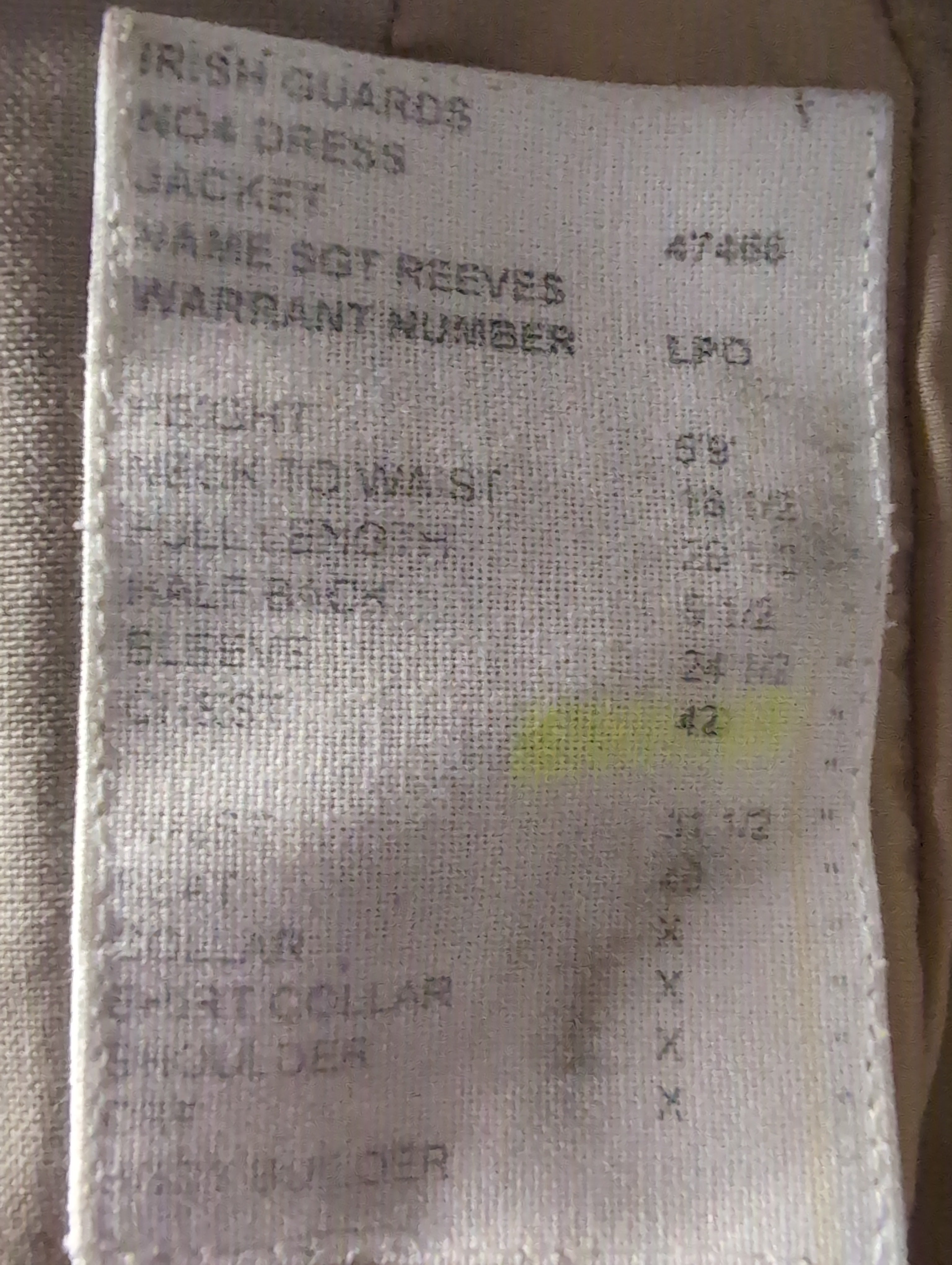 label of Irish Guards No.4 Service Dress Tropical Uniform Jacket | GDSM