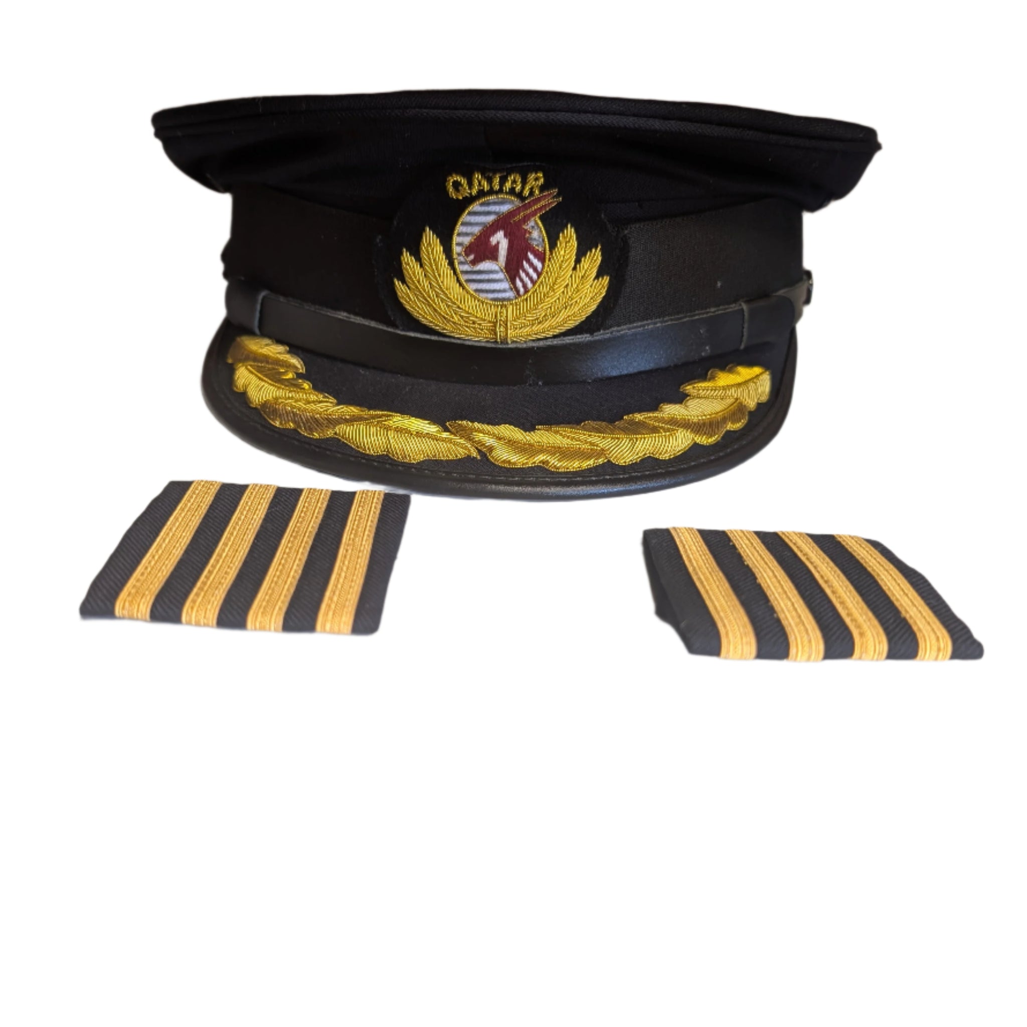 60cm QATAR Airways Captain Cap with Badge with Oakleaf Detail to Peak Pilot Plus Captain Shoulder Epaulettes