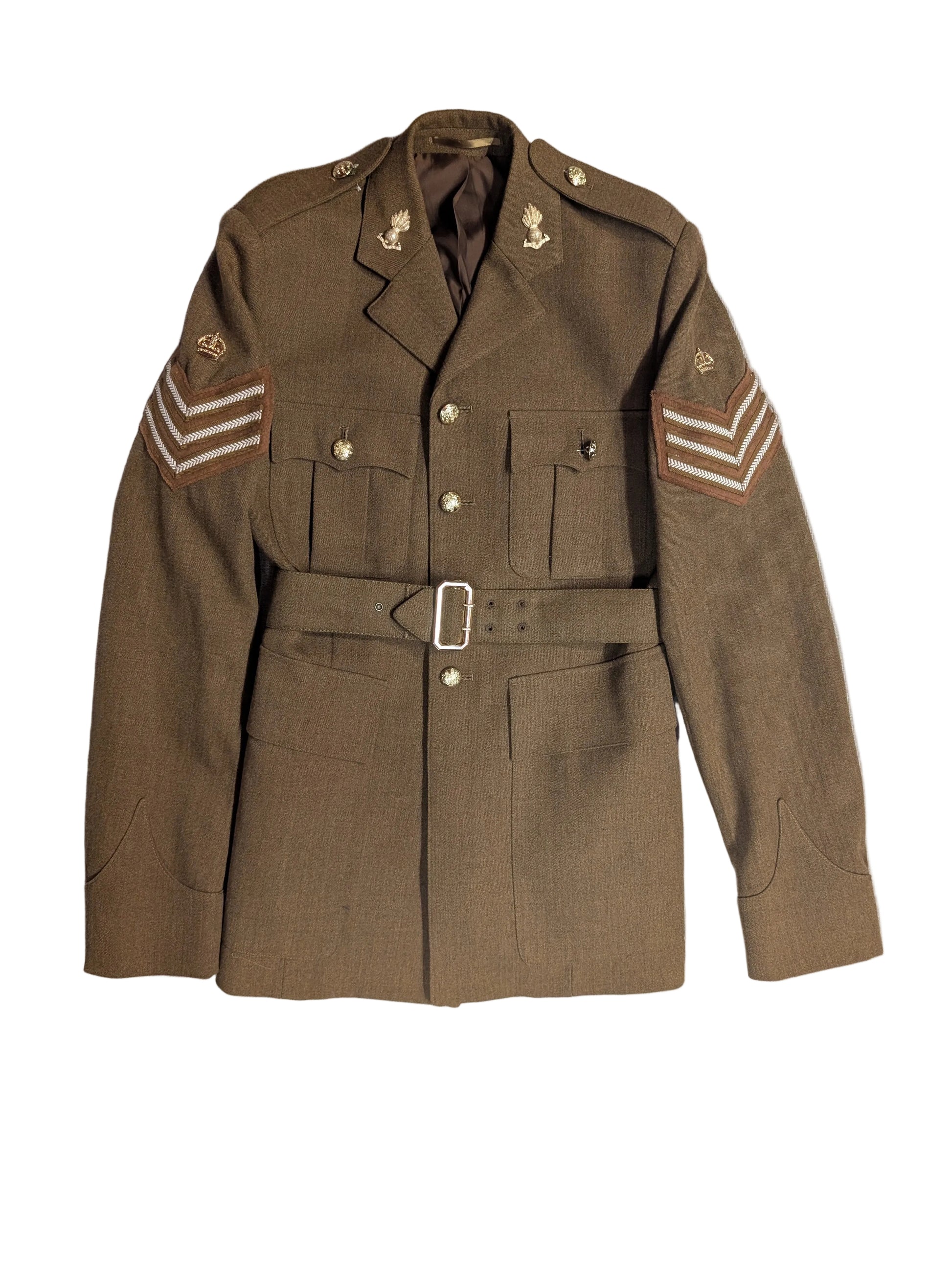 British Army No.2 Uniform Jacket  Goodwood Revival Colour Sergeant Rank on arm with Royal Artillery Collar Badges & Belt