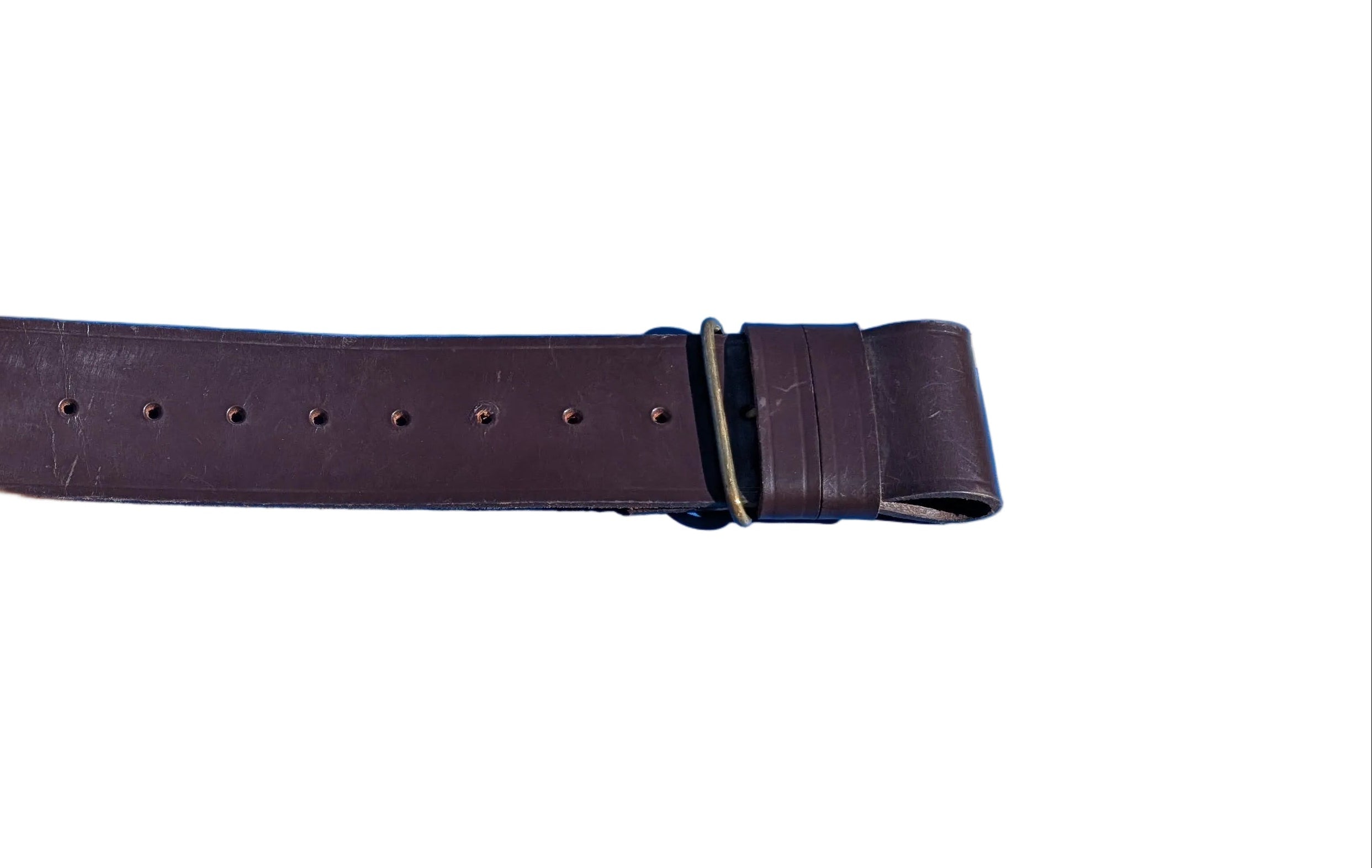 A dark brown leather strap with metal hardware, laid diagonally across a bright blue HY-PRO branded surface.British Army Infantry Brown Leather Sword Belt