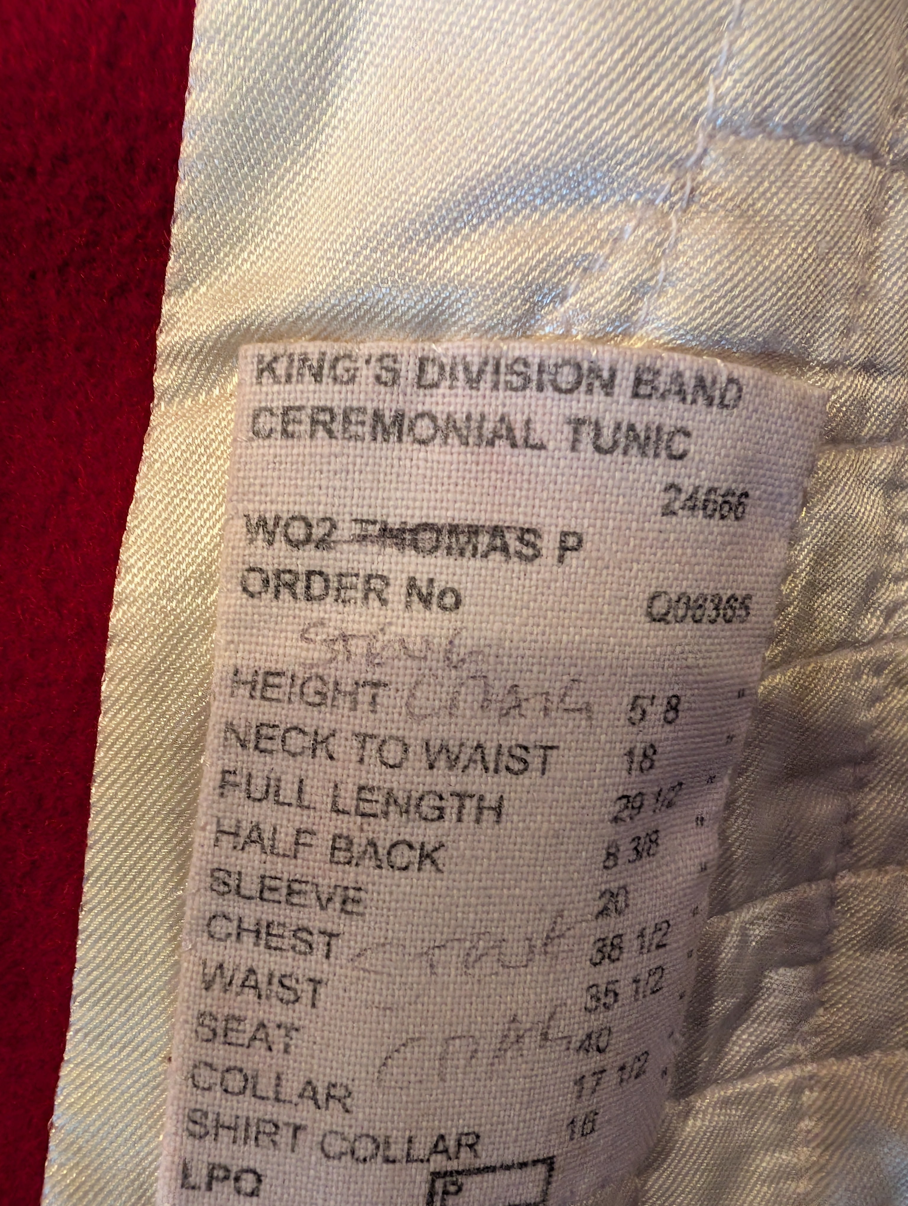 A King's Division bandsman's ceremonial tunic. Scarlet Melton wool with white facings and white piping, WO2 rank, bandsman's insignia. our ref G83