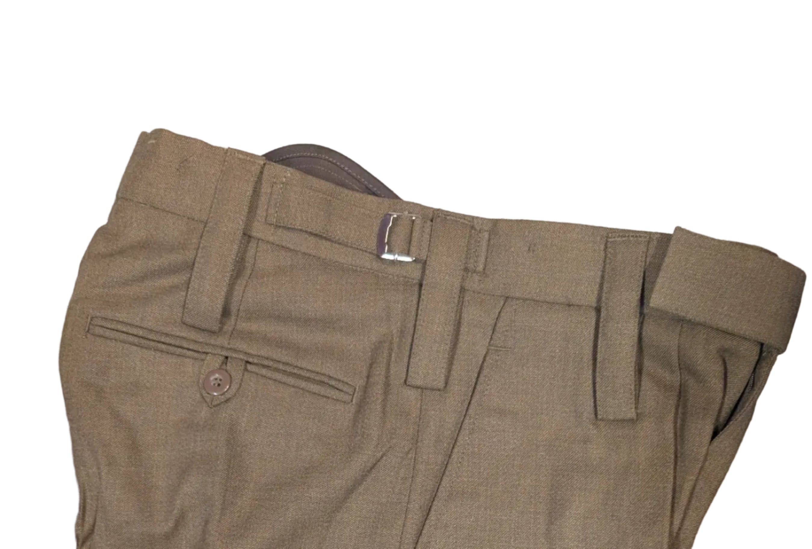 Photo British Army No.2 Uniform  Trousers |  Rework Goodwood Revival lose up of the belt loops and waist adjusters, Rear Pocket and slash type pocket
