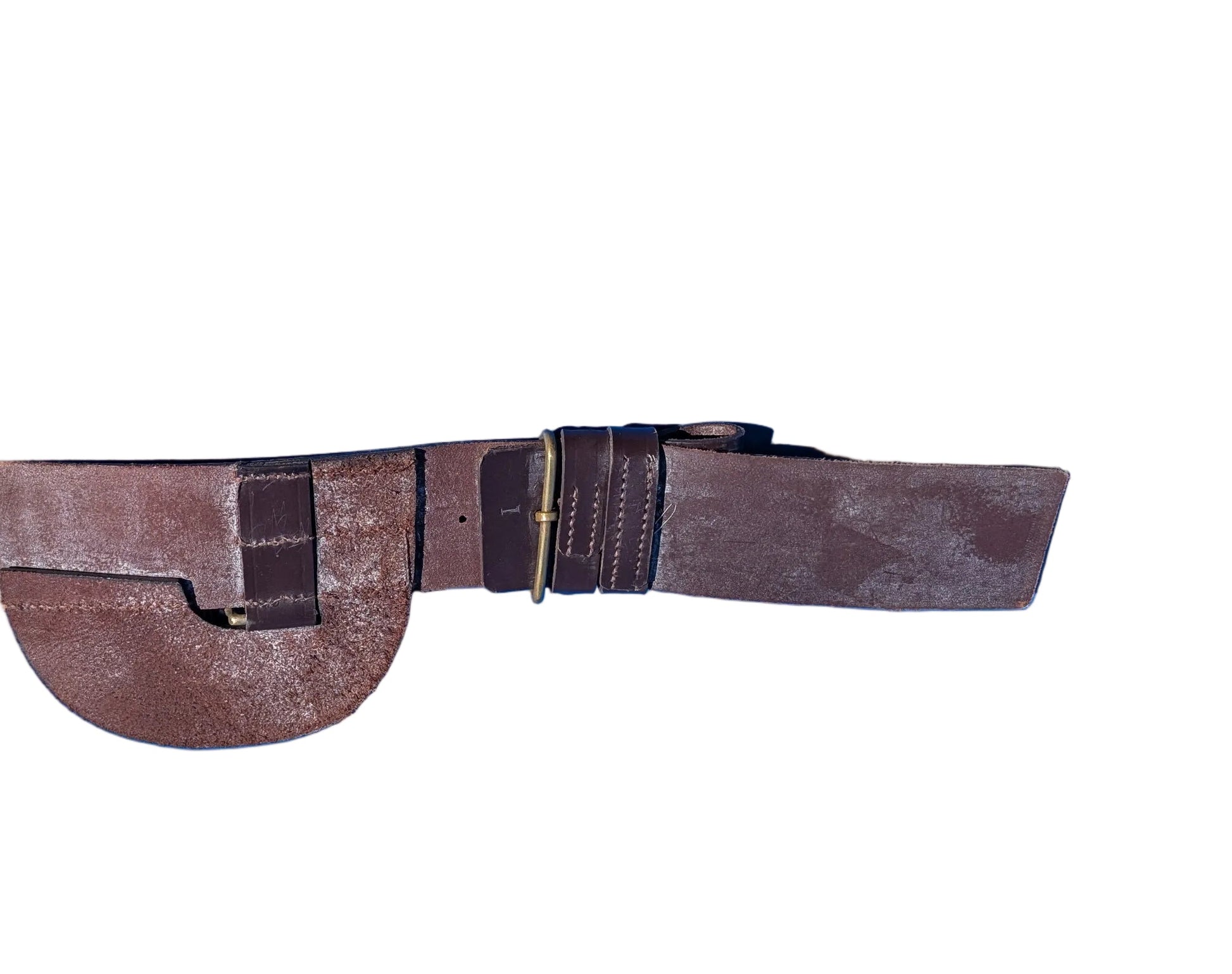 British Army Infantry Brown Leather Sword Belt A brown leather belt with a buckle, shown against a plain white background with a second, partially visible belt at the bottom. Underside