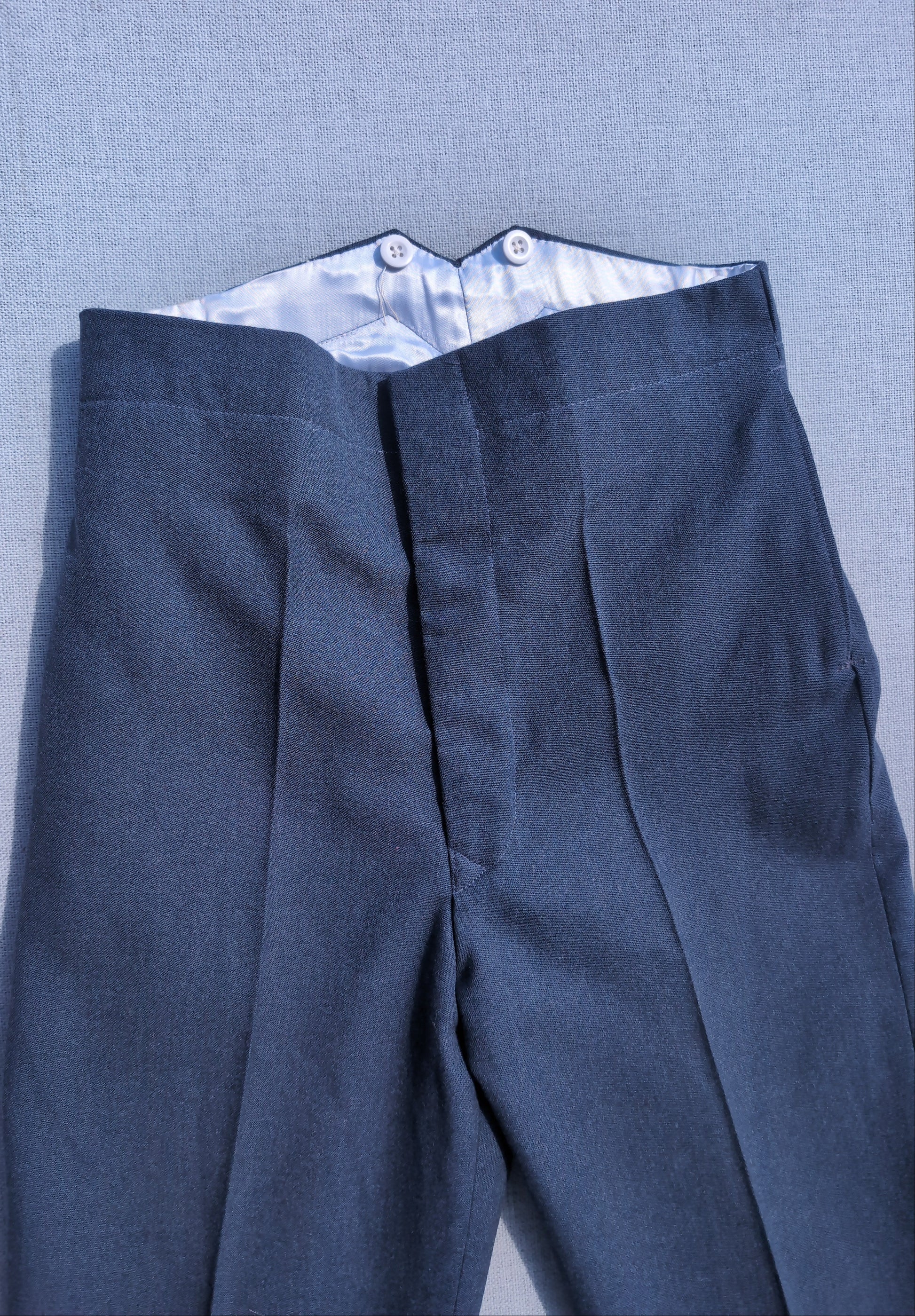 view of fishtail on RAF Fishtail Trousers, 1940s Vintage Style,   Original RAF Made of 100% Wool &  Fitted  Button for button On Braces