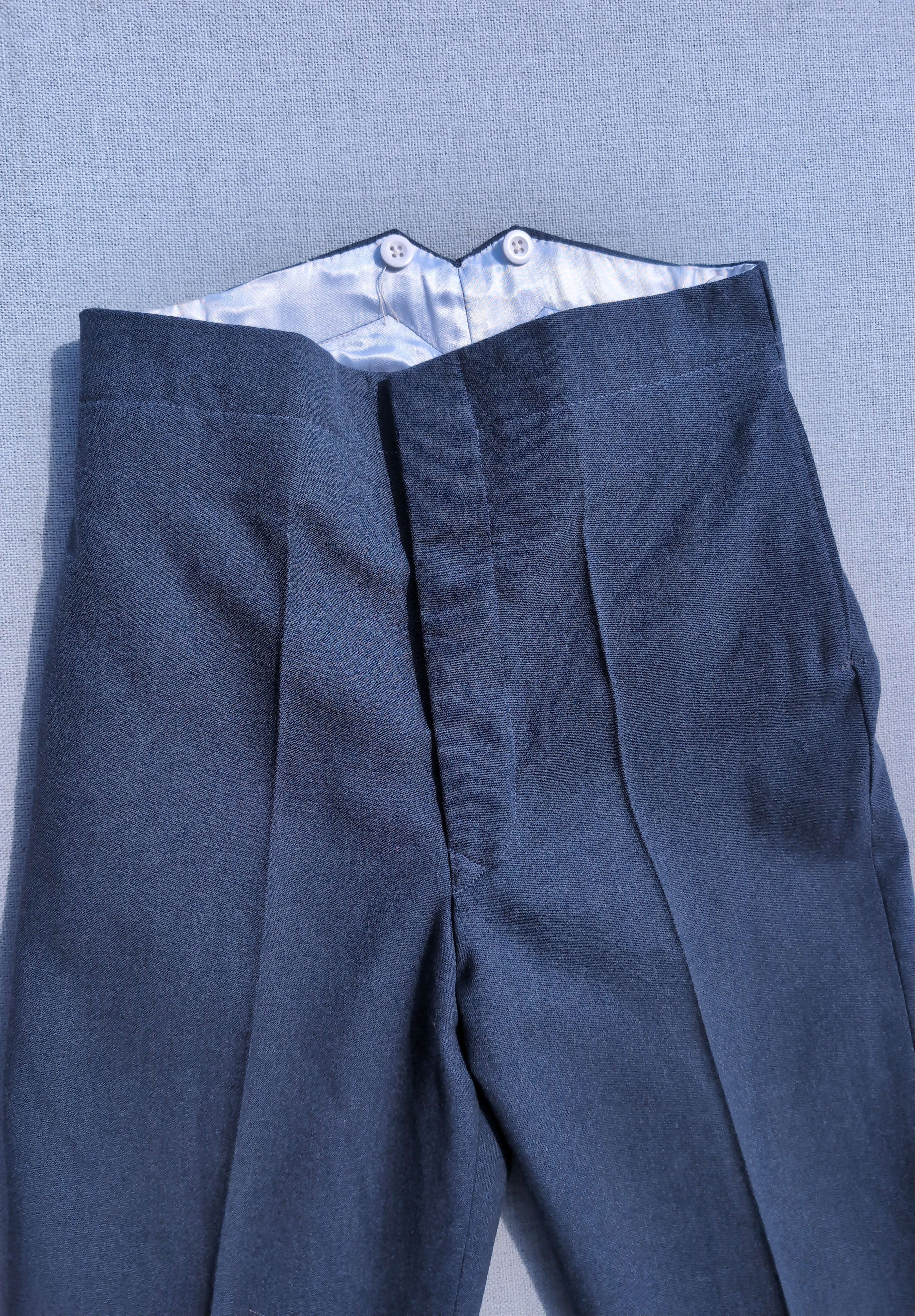 view of fishtail on RAF Fishtail Trousers, 1940s Vintage Style,   Original RAF Made of 100% Wool &  Fitted  Button for button On Braces