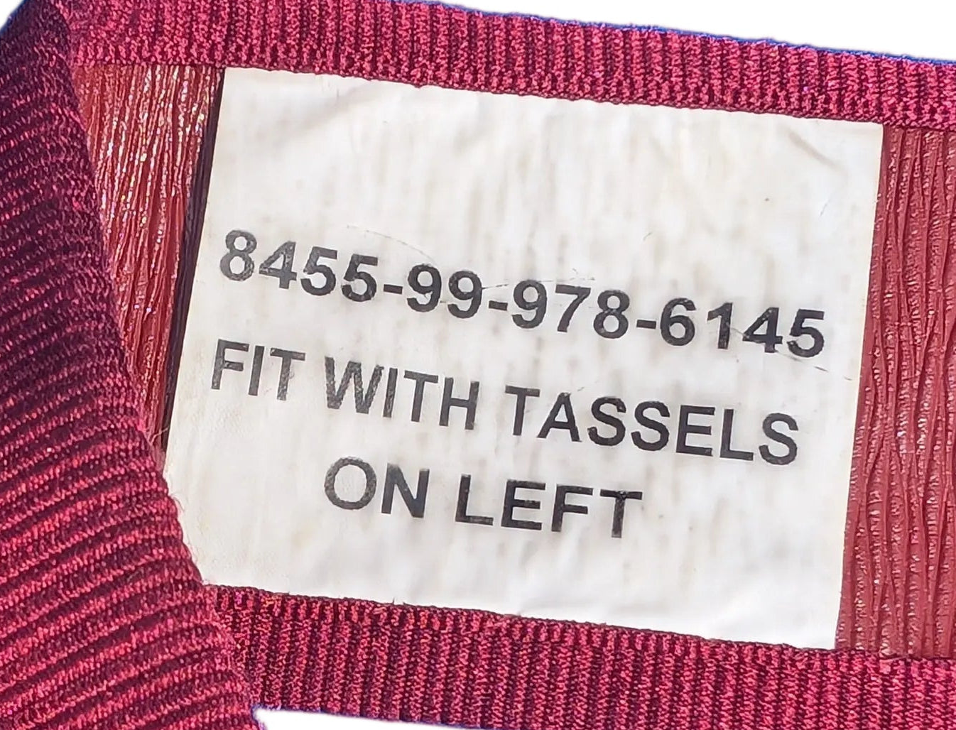 British Army Officers Ceremonial Crimson Maroon Waist Sash, close up of label nsn number