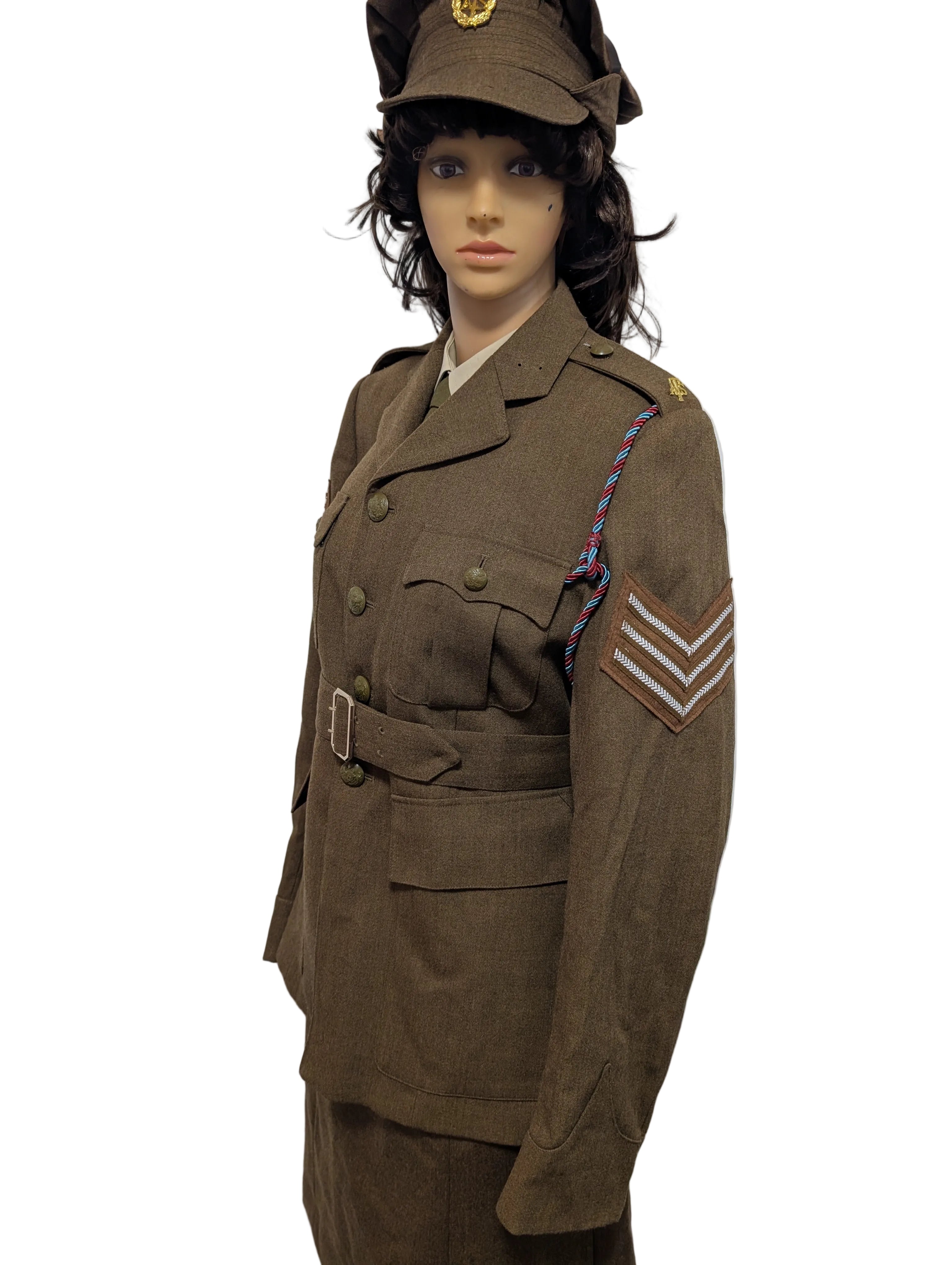 Woman dressed in WW2 ATS army jacket skirt and hat uniform 