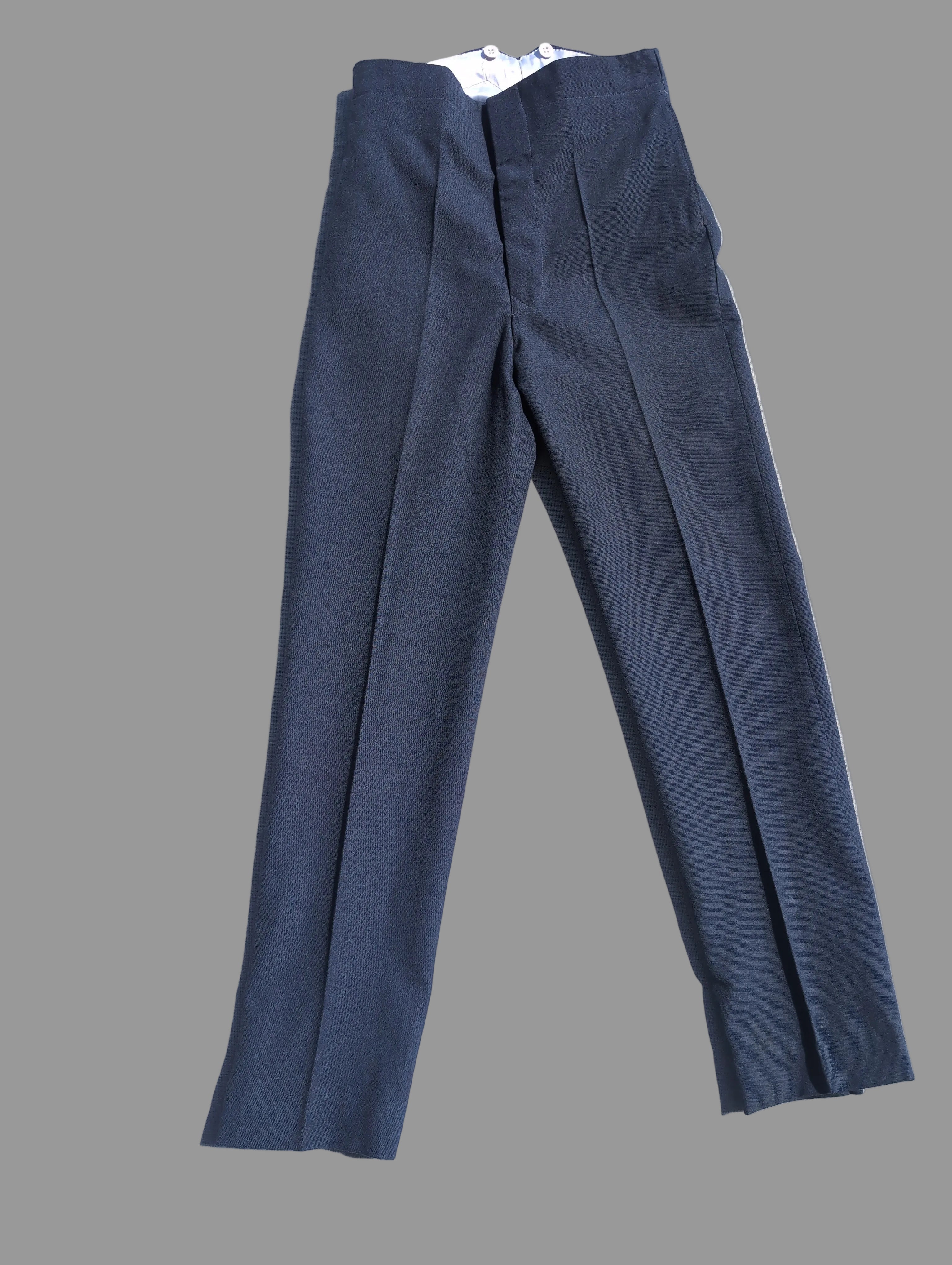 Full front view of RAF Fishtail Trousers, 1940s Vintage Style,   Original RAF Made of 100% Wool &  Fitted  Button for button On Braces