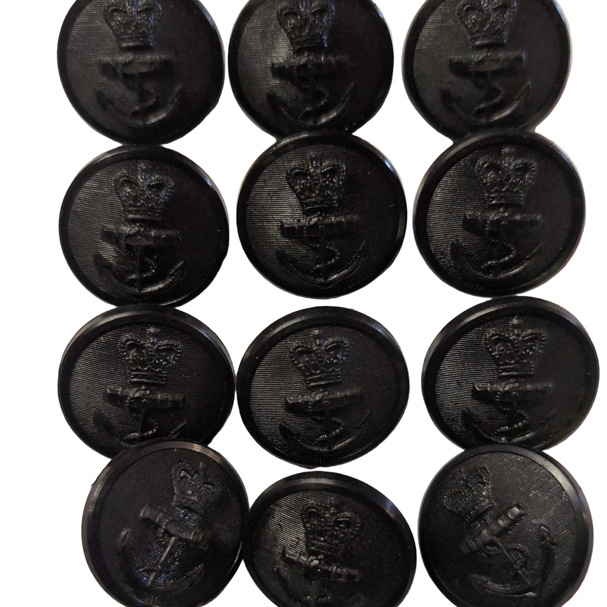 12 x EIIR Genuine British Royal Navy Blazer Greatcoat Buttons Jacket Black Plastic Queens Crown & Anchor QC 44L Circa 3cm ( 1 1/8 )