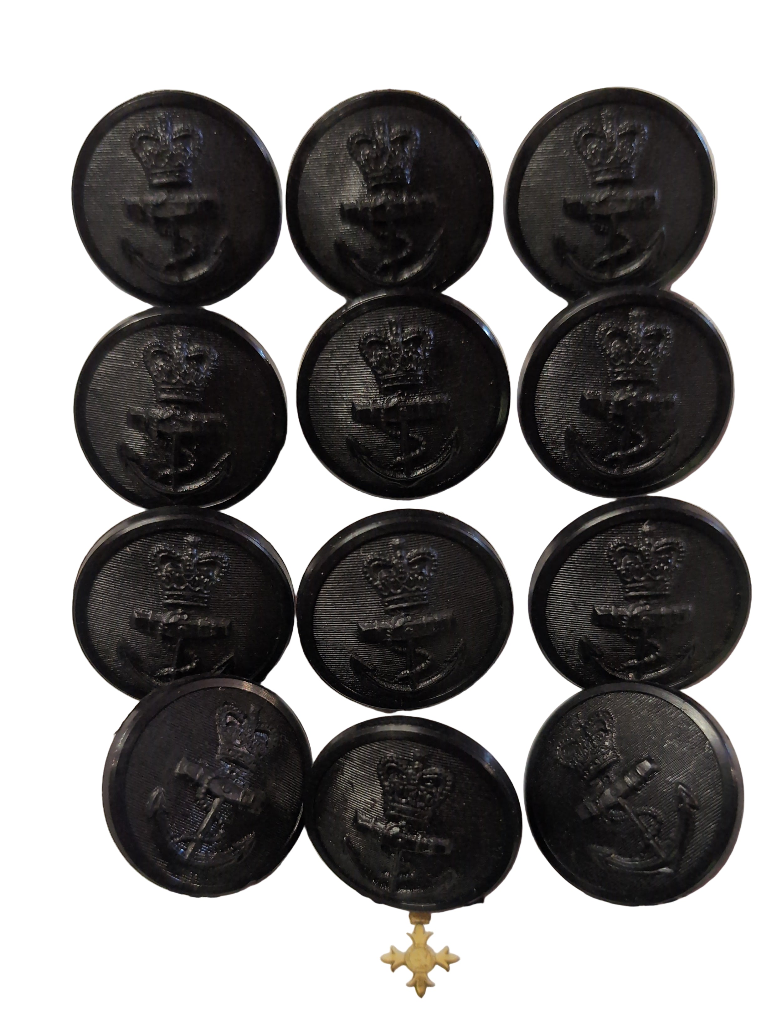 12 x EIIR Genuine British Royal Navy Blazer Greatcoat Buttons Jacket Black Plastic Queens Crown & Anchor QC 44L Circa 3cm ( 1 1/8 )