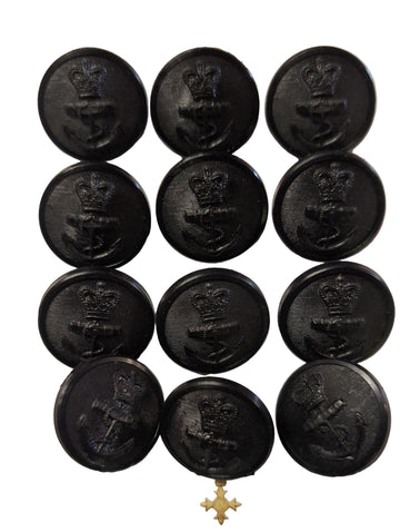 12 x EIIR Genuine British Royal Navy Blazer Greatcoat Buttons Jacket Black Plastic Queens Crown & Anchor QC 44L Circa 3cm ( 1 1/8 )