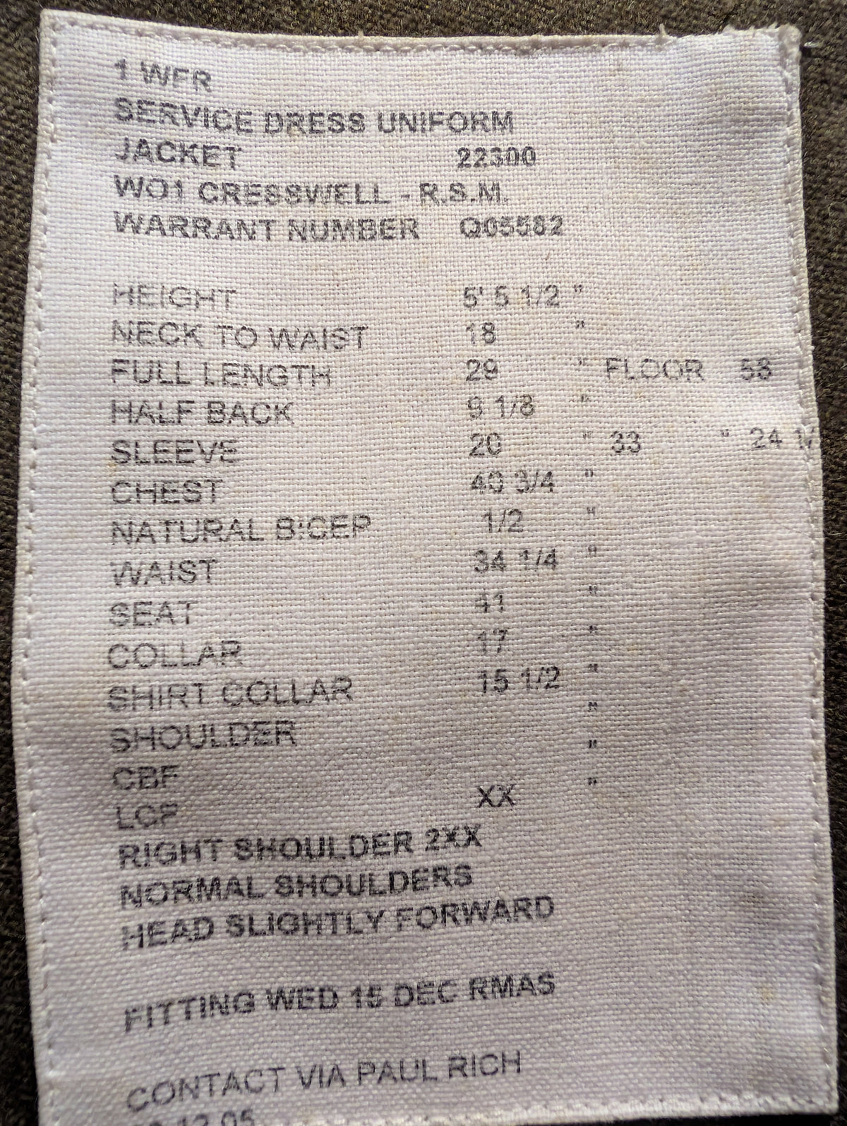 Label showing measurements of a Mercian Regiment Officer’s No. 2 Dress Uniform Jacket & Trousers | Captain