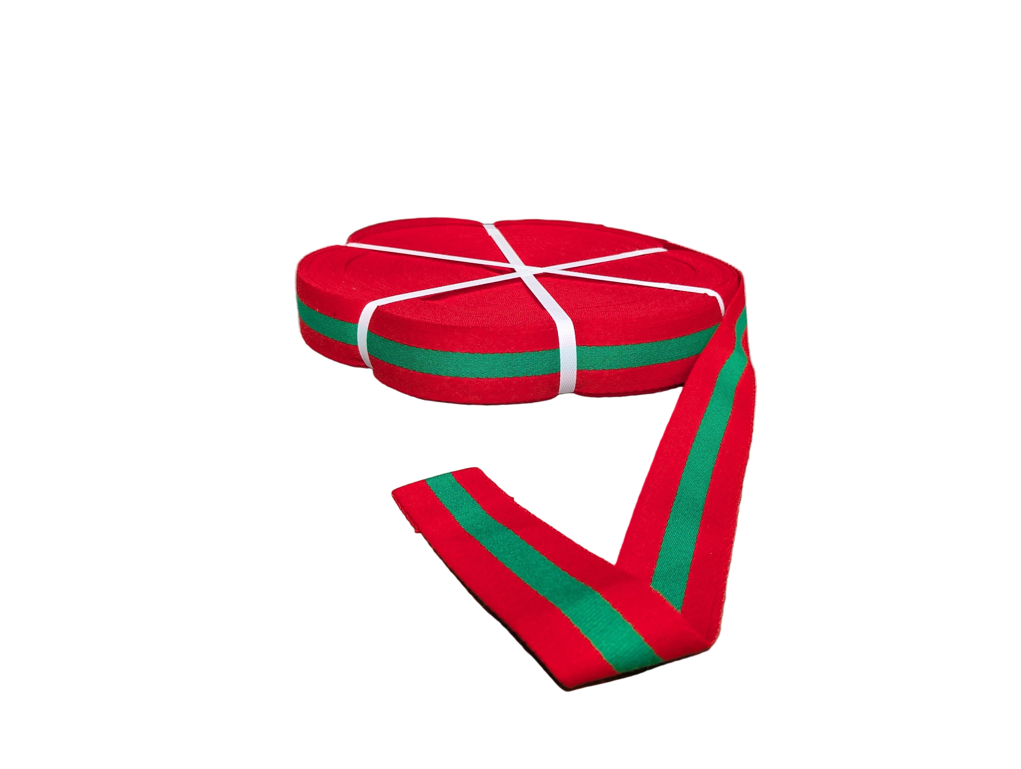 Red and green stable belt webbing - full length view, 56mm wide cotton canvas