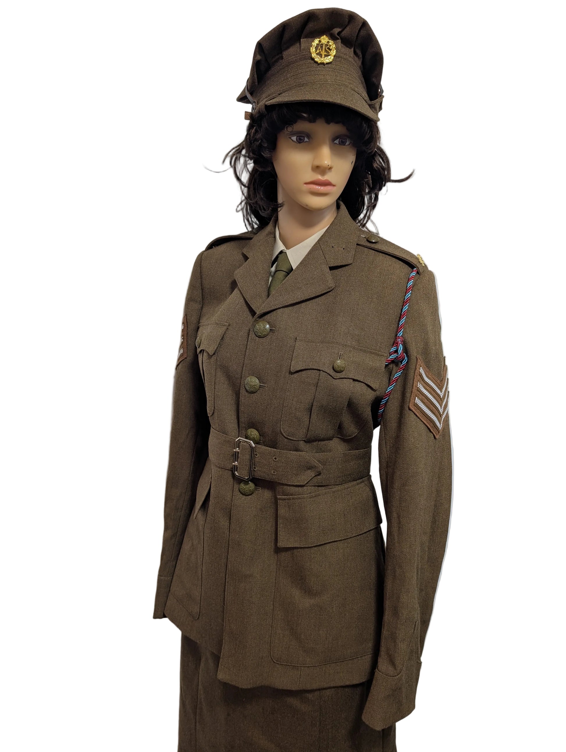 Mannequin wearing a brown military uniform with a cap on a white background