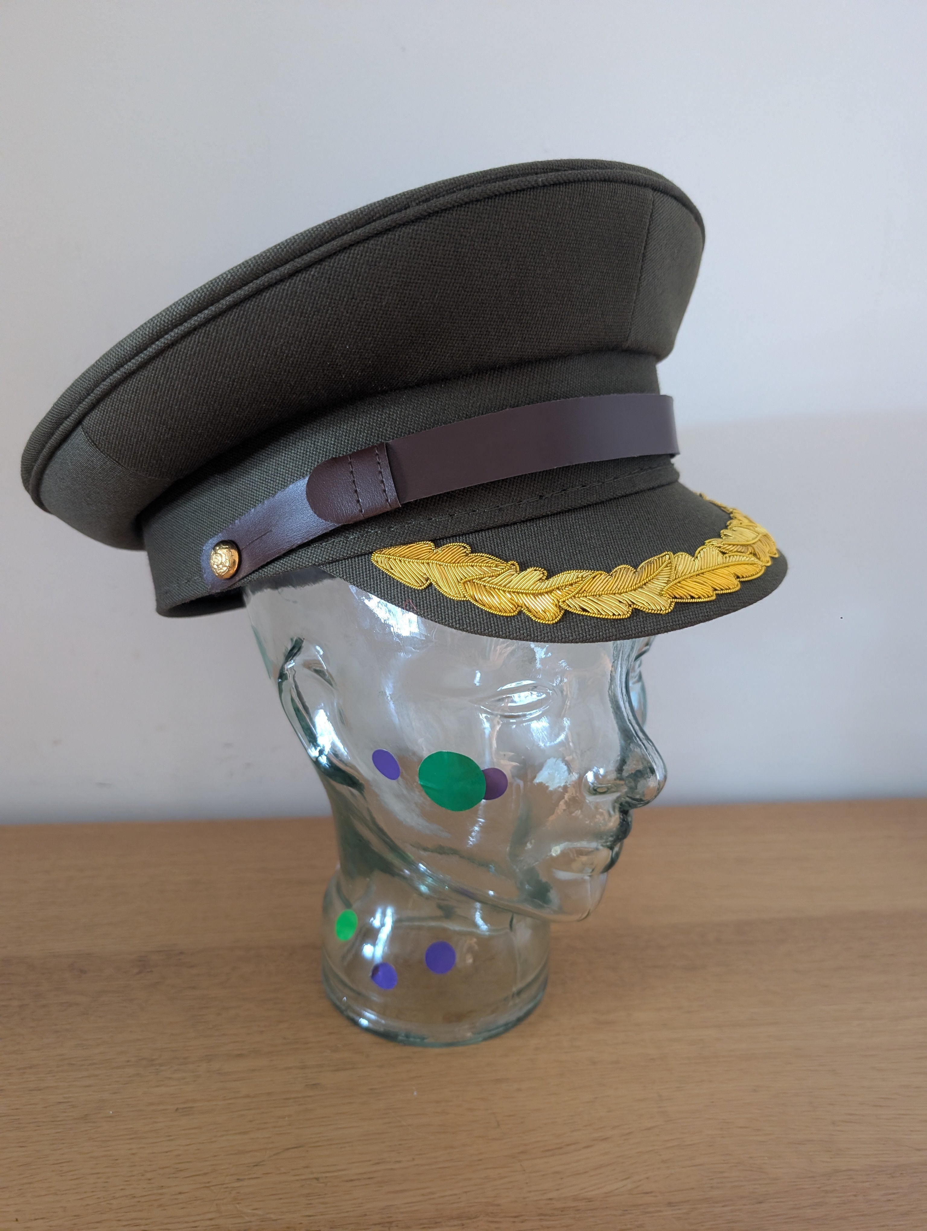 Olive Green Officers Service Cap | Gold Oakleaf Peak | Reproduction