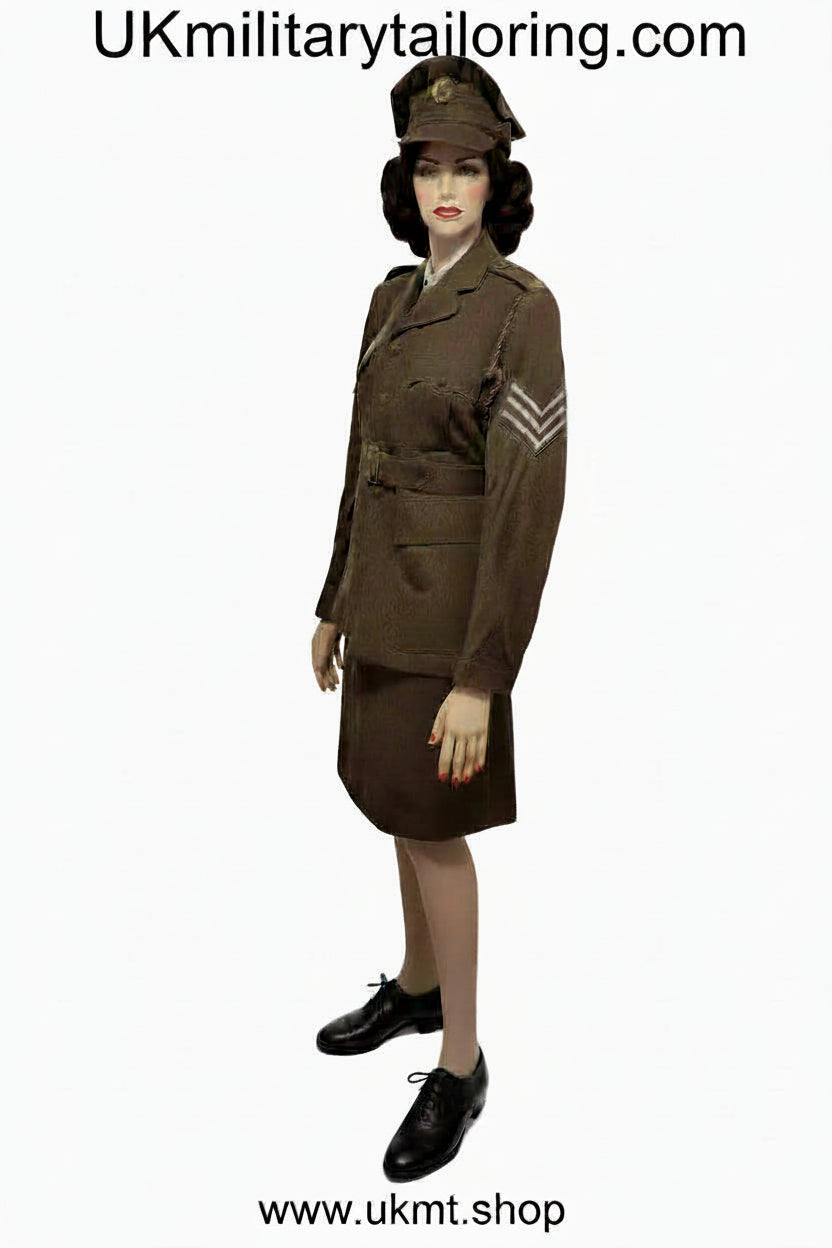 Woman dressed in WW2 ATS army jacket skirt and hat uniform 