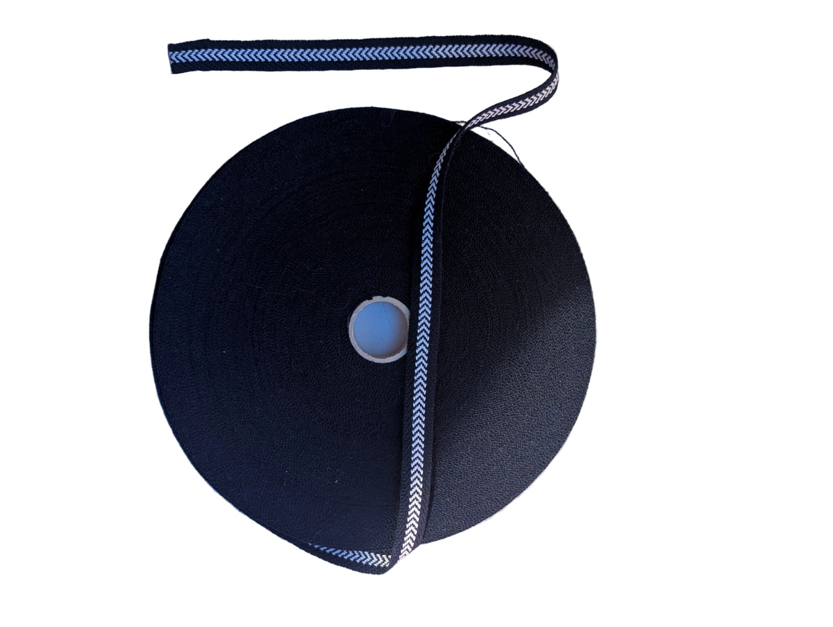 side view of a roll of RAF Chevron Rank Lace Braid – ½″ Blue Worsted Wool