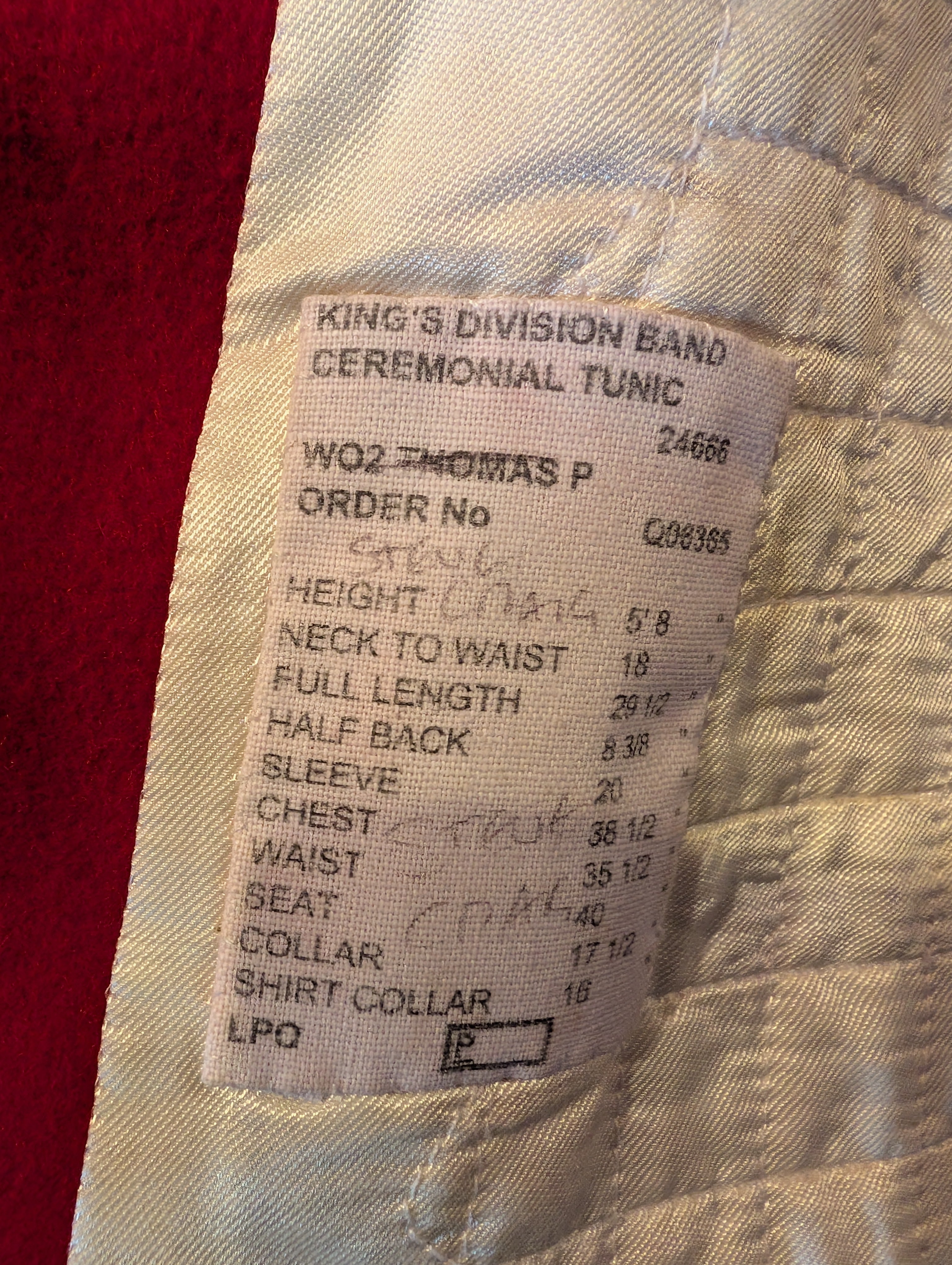 A King's Division bandsman's ceremonial tunic. Scarlet Melton wool with white facings and white piping, WO2 rank, bandsman's insignia. our ref G83