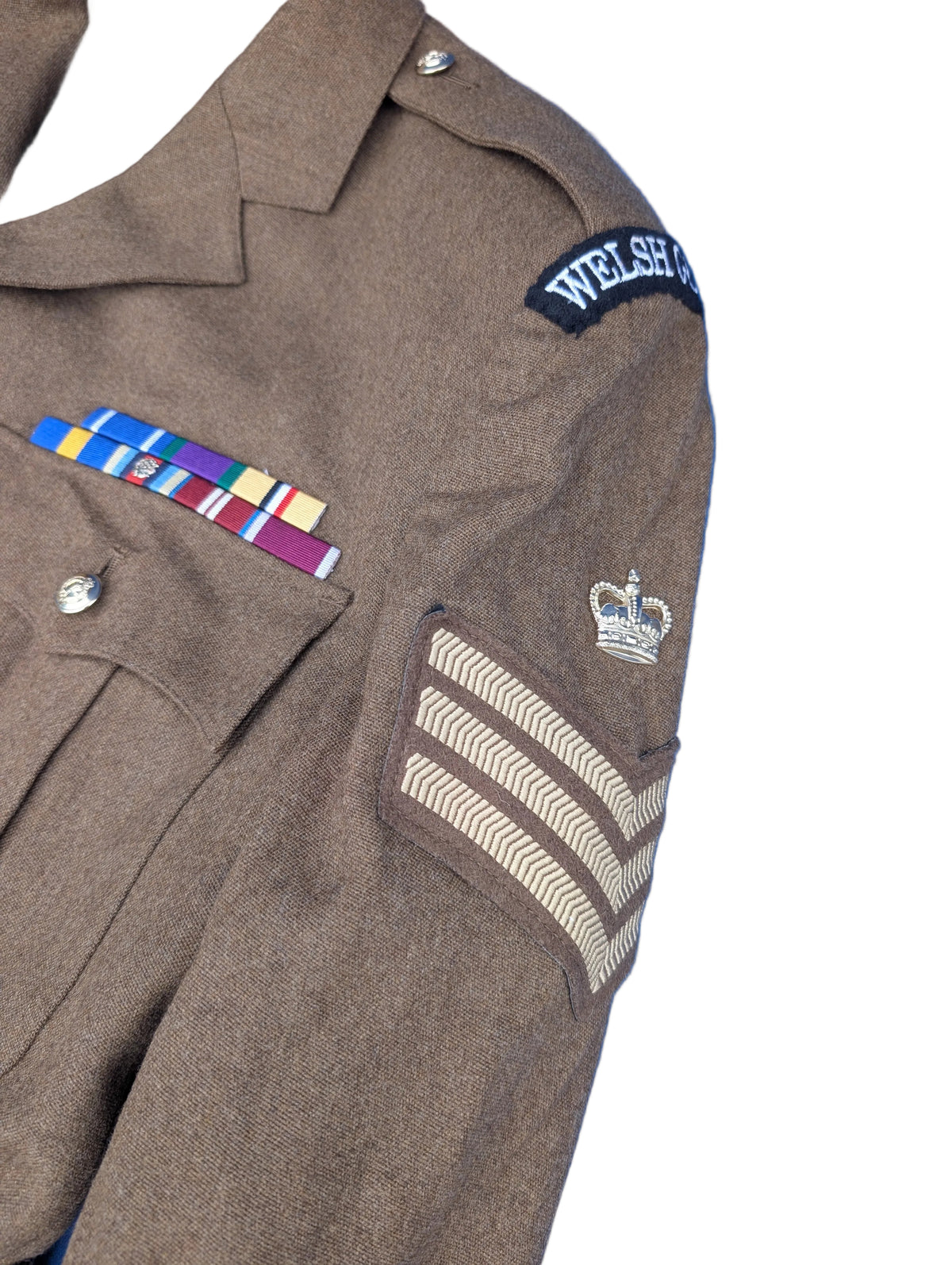 Welsh Guards No2 Service Dress Uniform Jacket with Colour Sergeant Chevrons, Shoulder Titles & Medal Ribbons