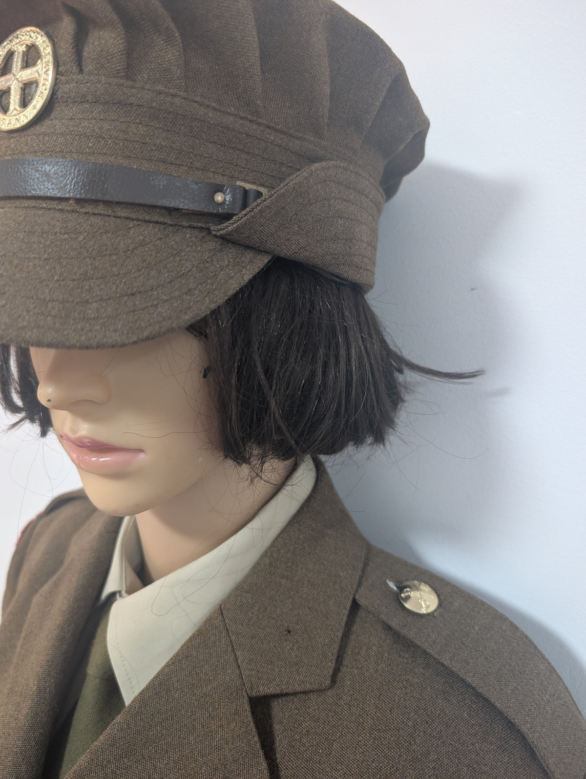 side view of Auxiliary Territorial Service Uniform ATS Cap & Hat Badge Transport driver brown
